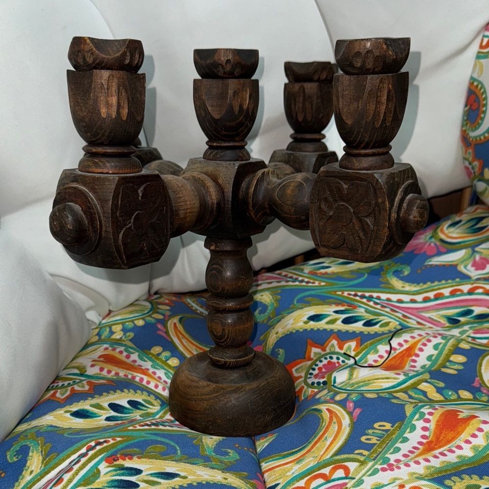 Vintage Wood Carved 5-Tier Candelabra Dark Brown 1960s
